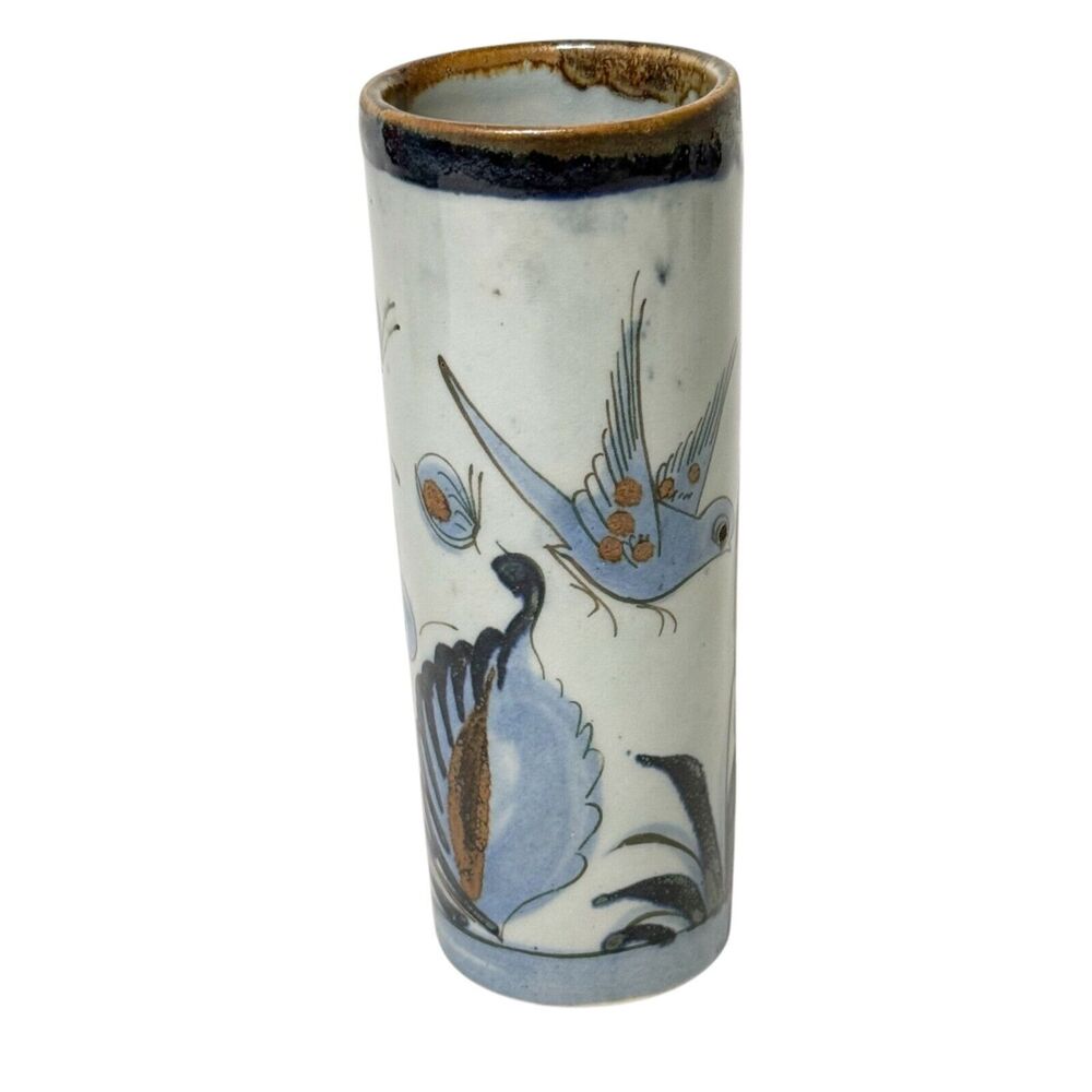 Ken Edwards Mexican Folk Art Pottery Cylindrical Vase Bird Butterfly Flowers 7"